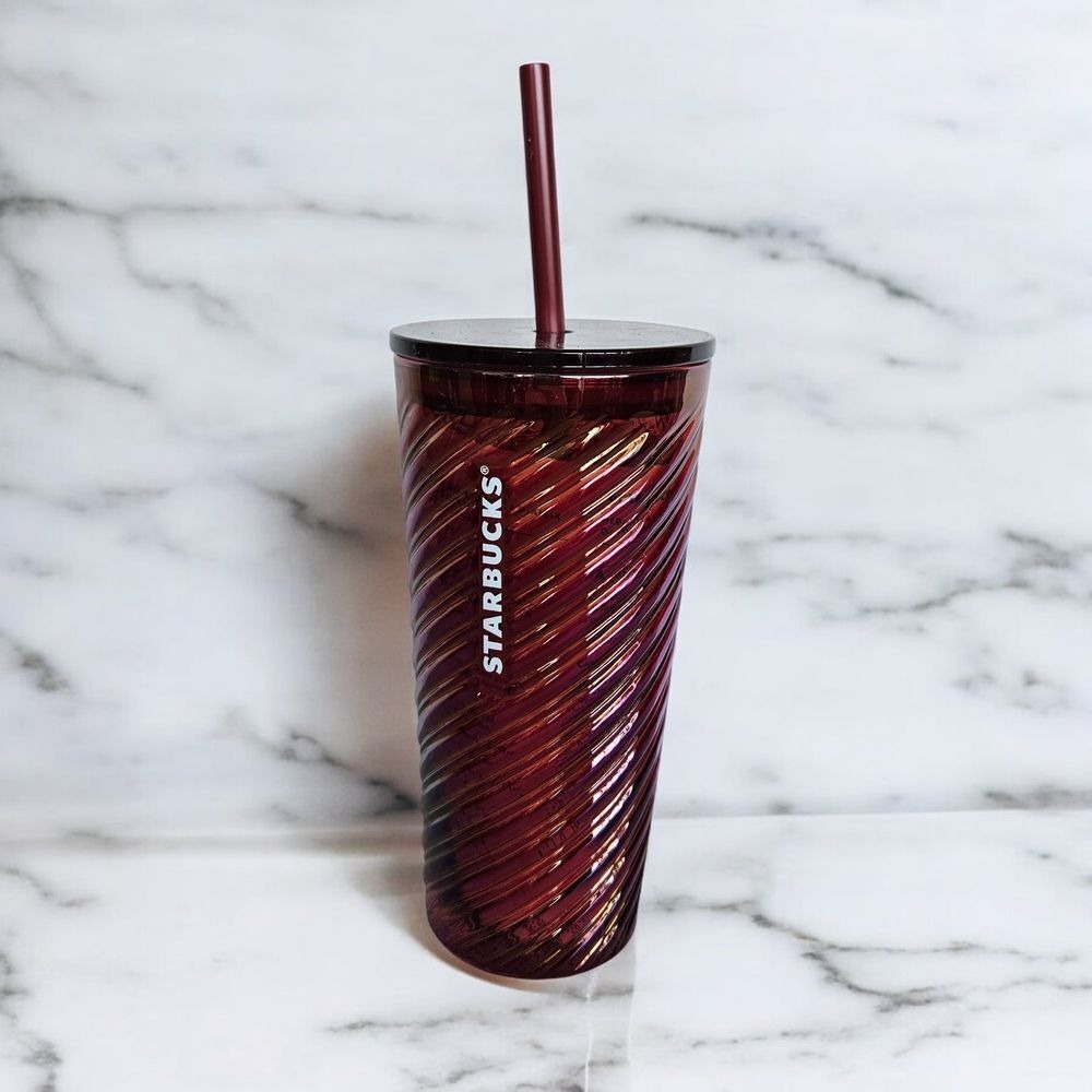 Starbucks Burgundy Swirl Glass‎ Tumbler Metallic Spiral Design 18oz